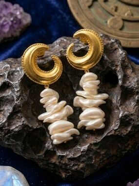 Crescent Moon Baroque Pearl Drop Earrings 18K Gold Plated Celestial Boho Chic 2"
